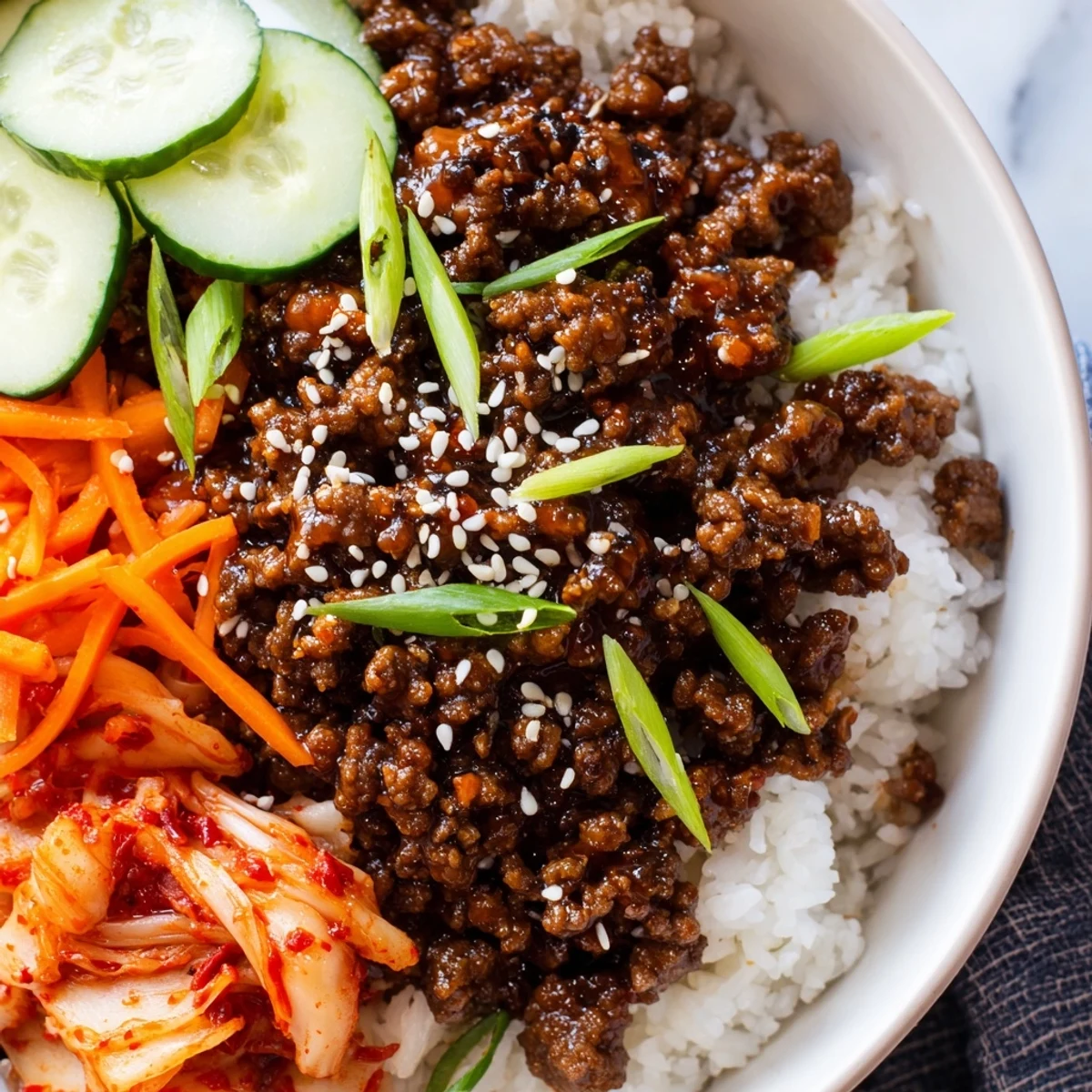 Savory Korean ground beef bowl topped with crisp vegetables and toasted sesame seeds