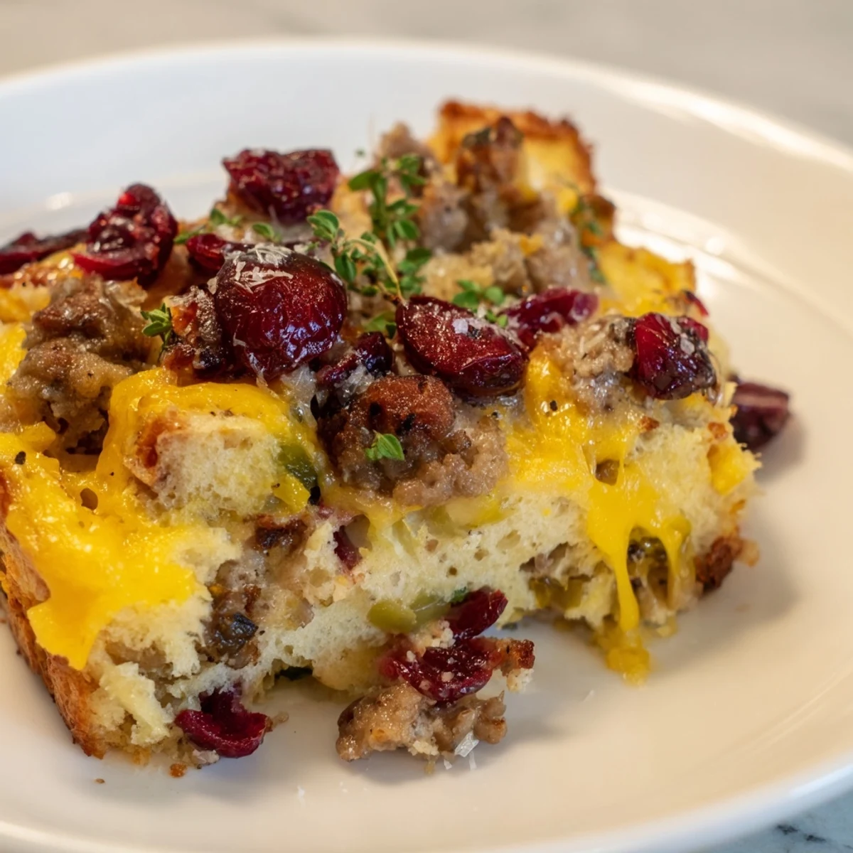 Golden baked Cranberry Sausage Stuffing Breakfast Casserole with melted cheddar and fresh parsley