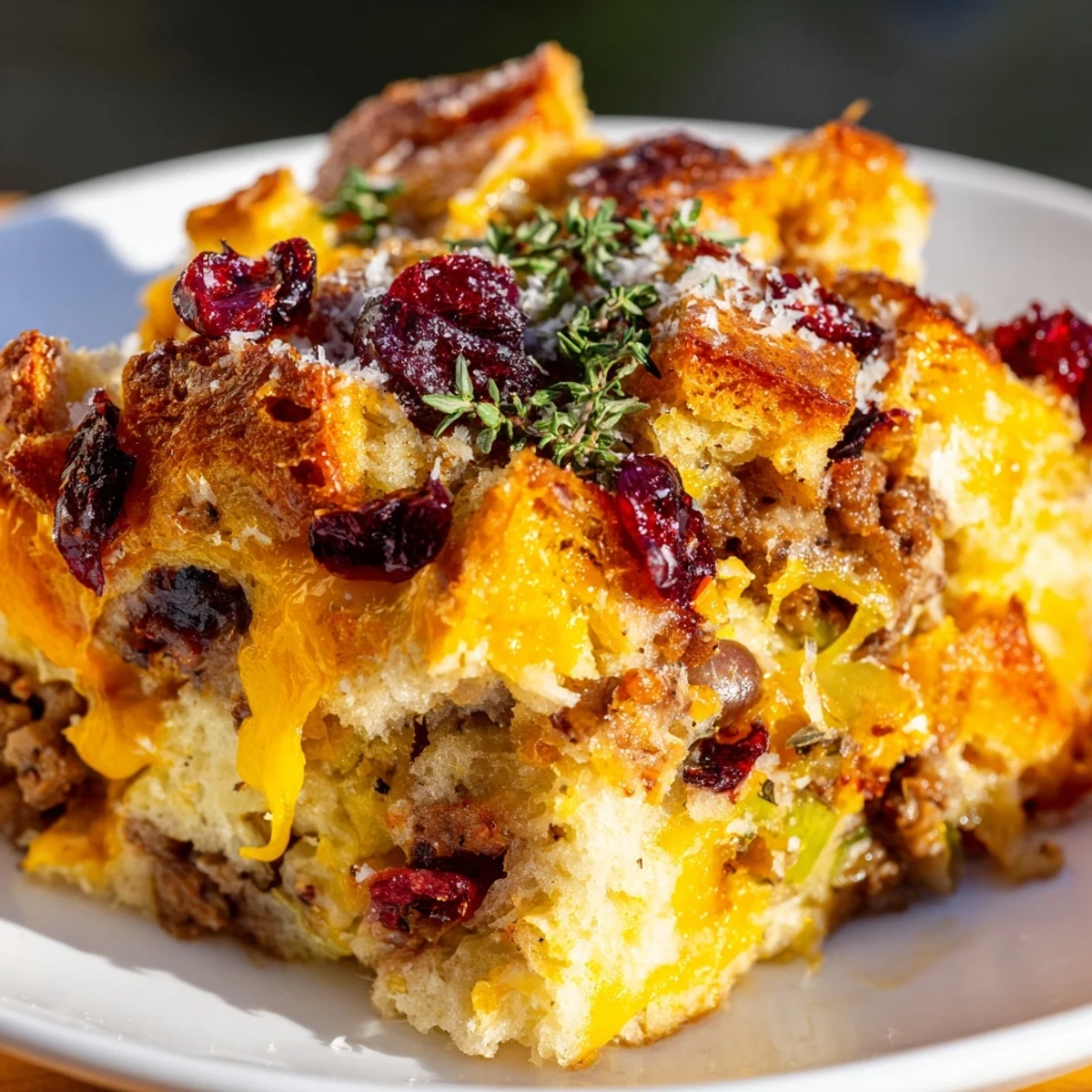 Rustic Cranberry Sausage Stuffing Breakfast Casserole fresh from the oven with a crispy golden top