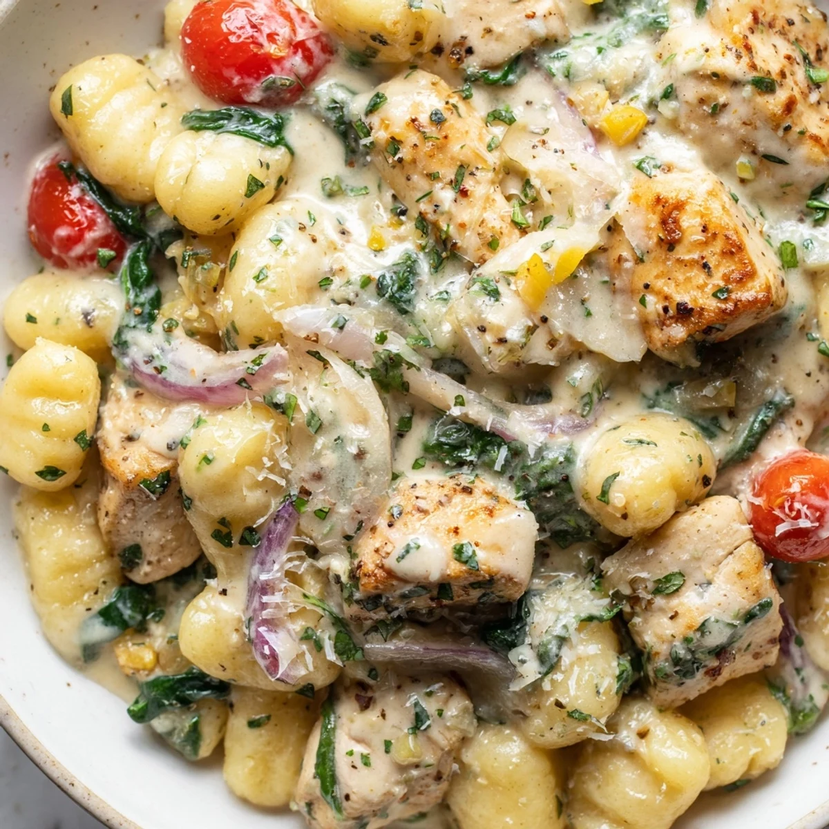 Golden seared chicken and pillowy gnocchi tossed in a creamy herb sauce