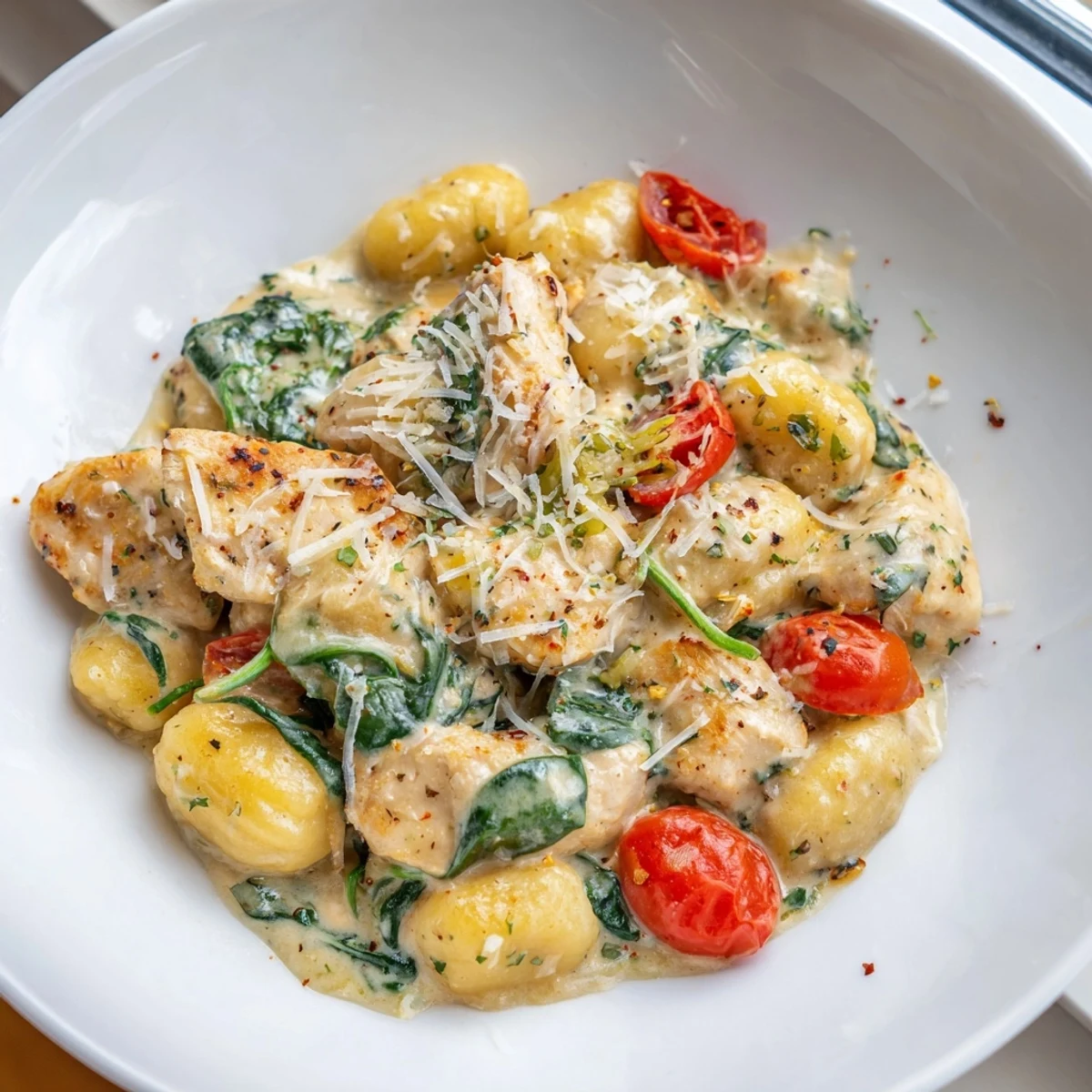 Creamy herb chicken gnocchi skillet served steaming in a rustic cast iron pan
