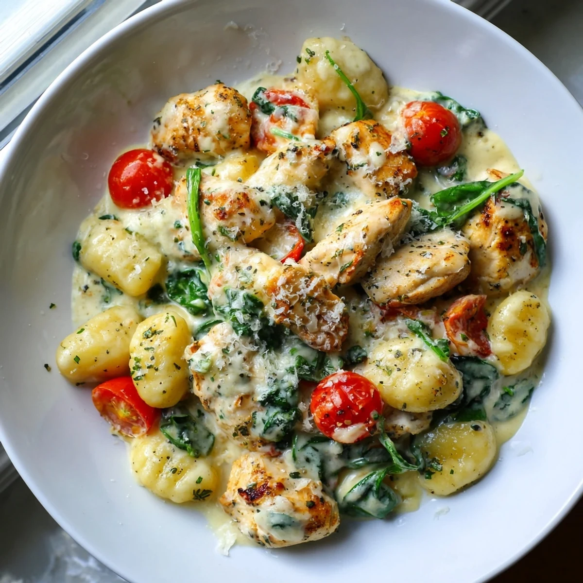 Creamy herb chicken gnocchi skillet garnished with fresh parsley and Parmesan shavings