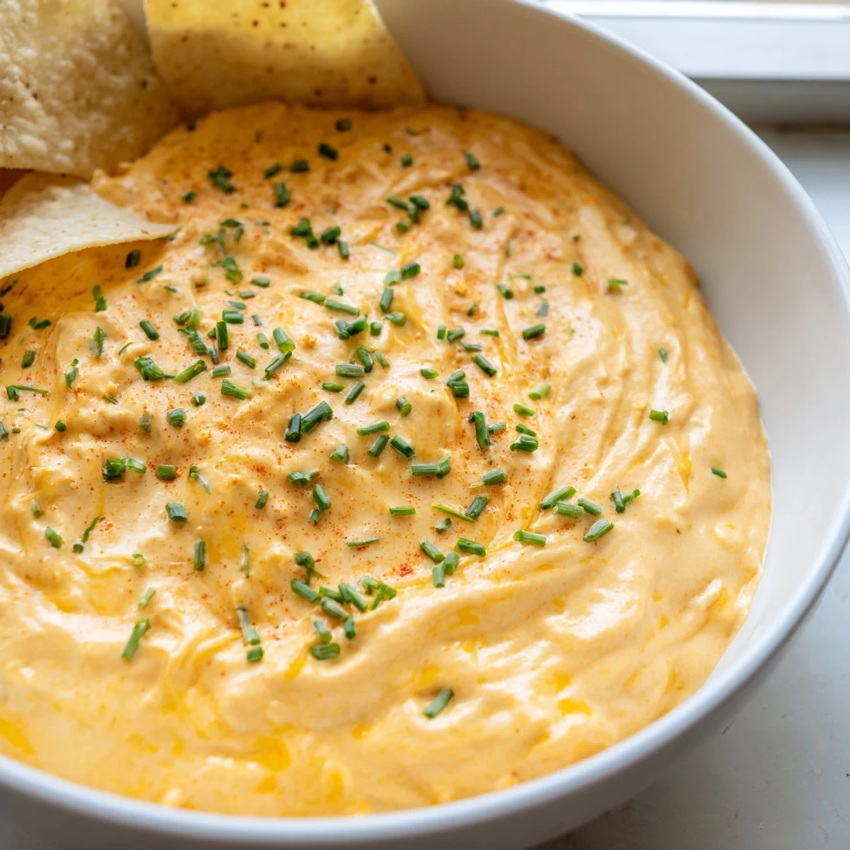 Smooth melted cheddar cheese dip topped with fresh green chives and paprika