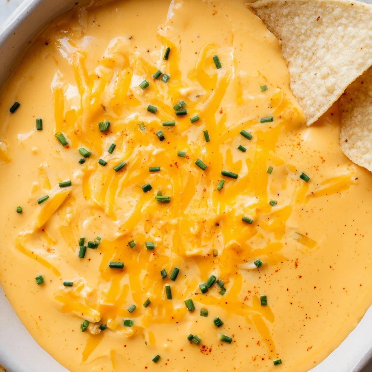 Warm creamy cheese dip in a rustic bowl surrounded by golden tortilla chips