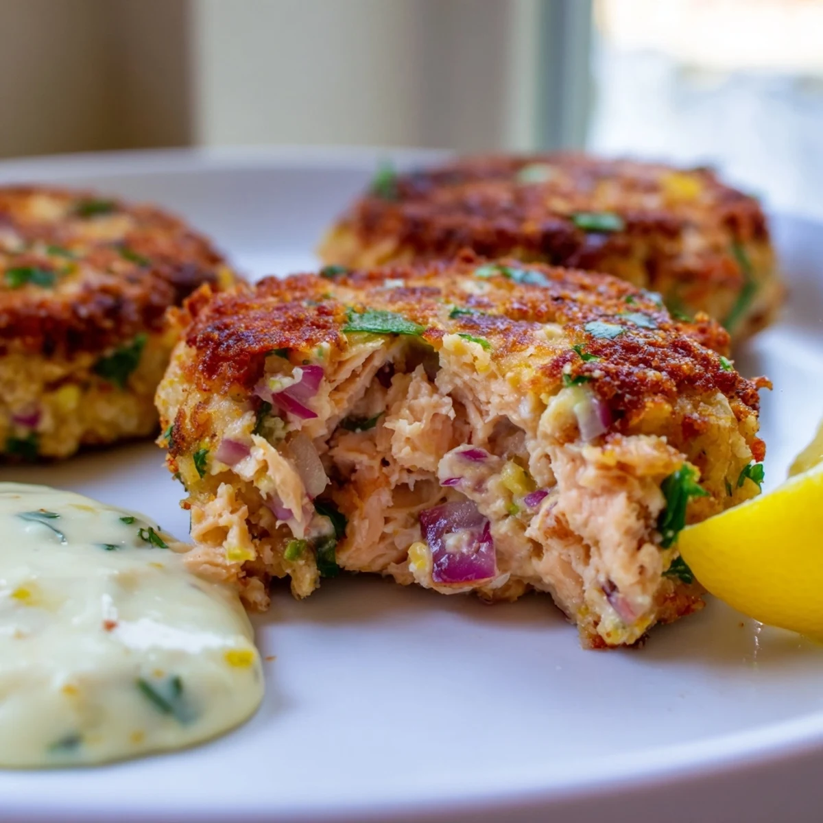 Golden pan-fried Lemon Garlic Alaska Salmon Cakes drizzled with creamy homemade aioli on a rustic plate