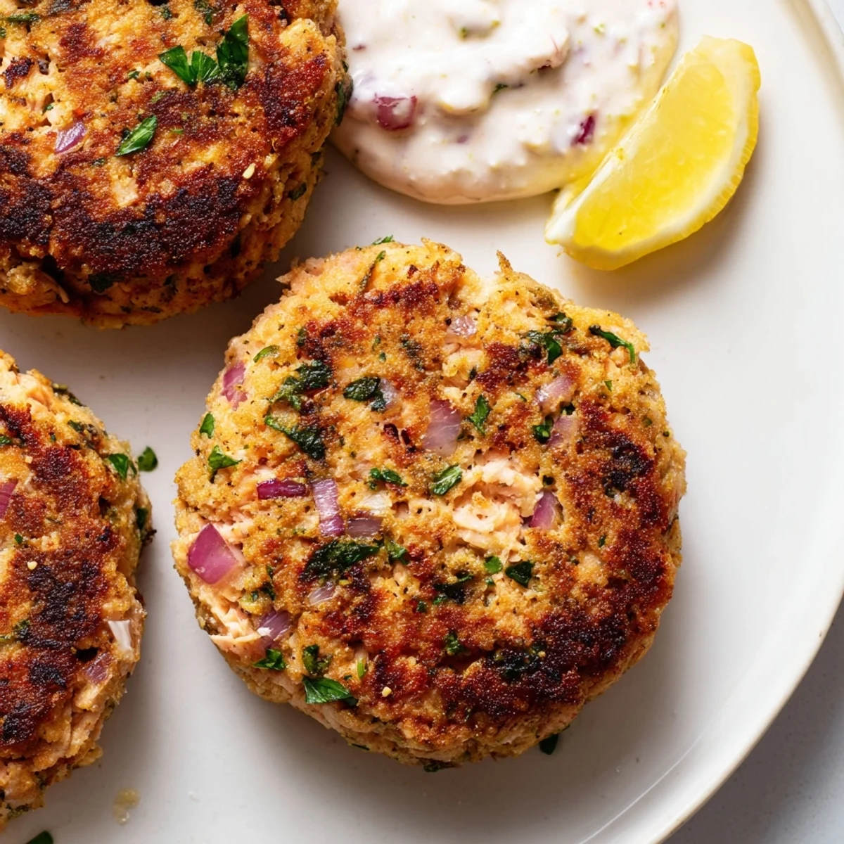 Crispy Lemon Garlic Alaska Salmon Cakes served with tangy lemon aioli and fresh parsley garnish