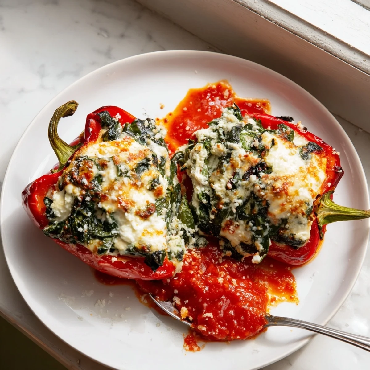 Golden baked ricotta stuffed peppers with melted mozzarella and fresh basil topping