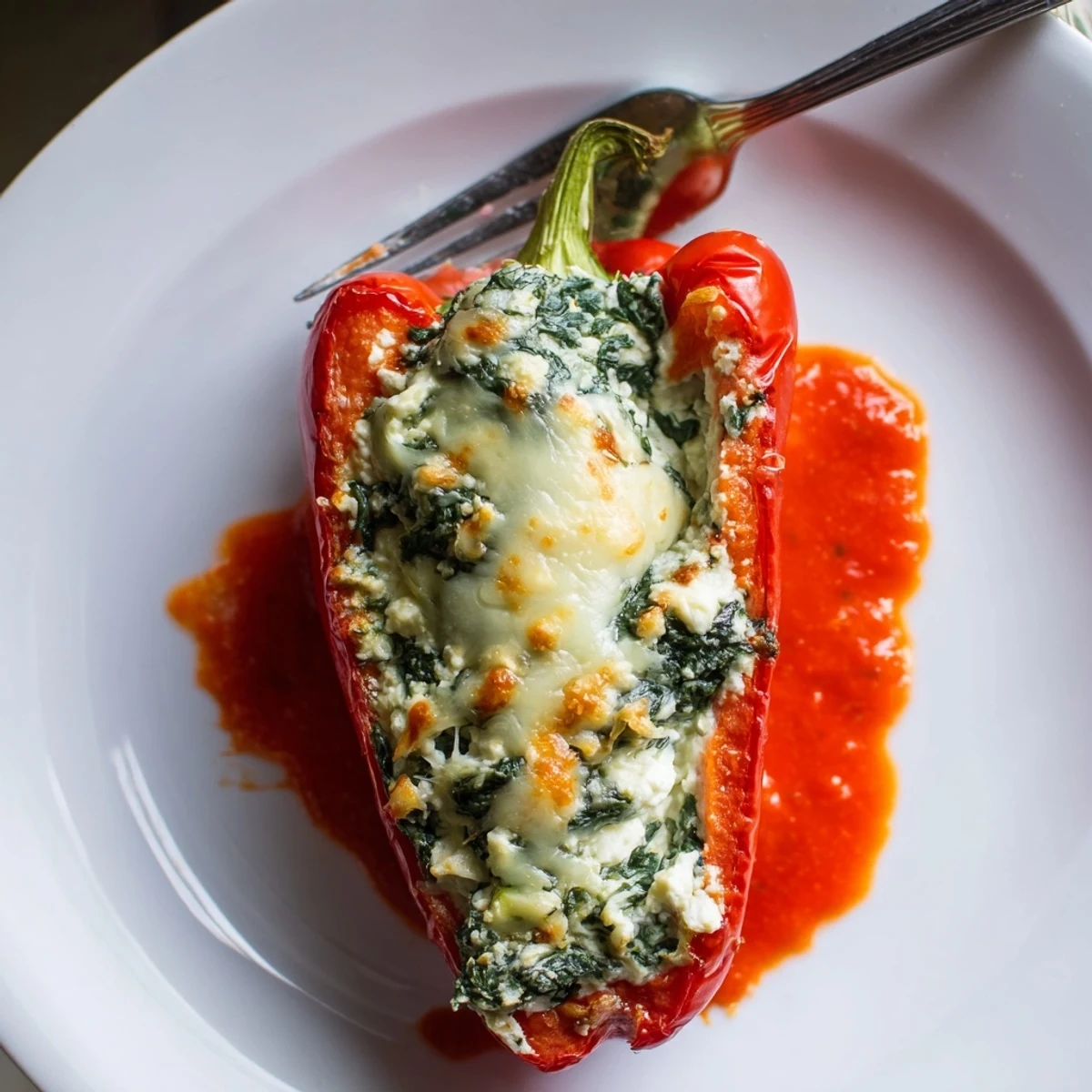 Tender bell peppers overflowing with spinach ricotta filling and bubbling golden cheese