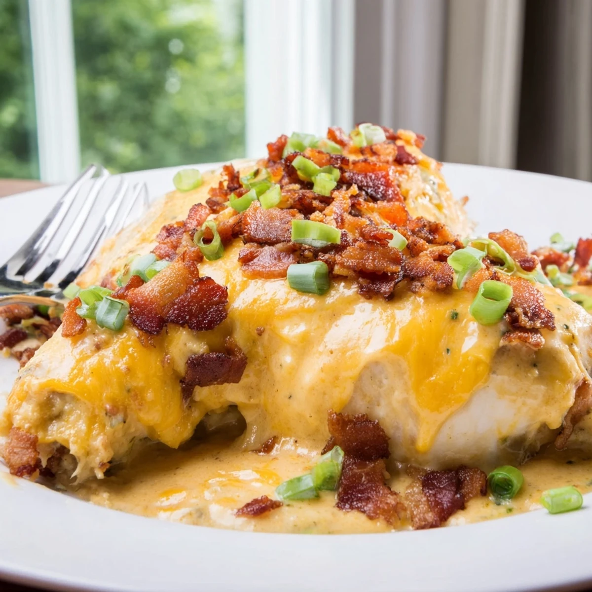 Golden baked crack chicken with melted cheddar, crispy bacon, and fresh green onions