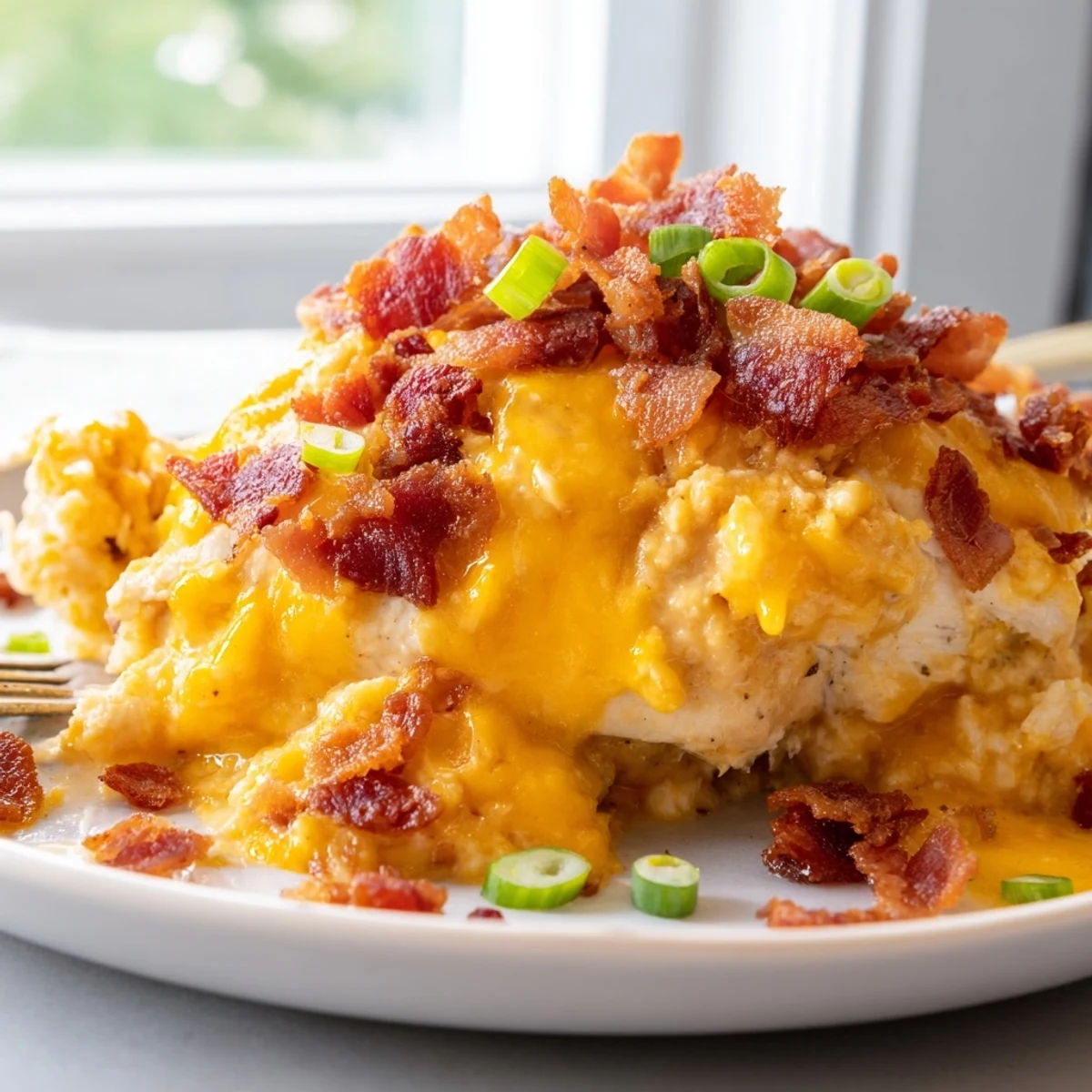 Juicy baked crack chicken smothered in velvety cream cheese sauce topped with crumbled bacon
