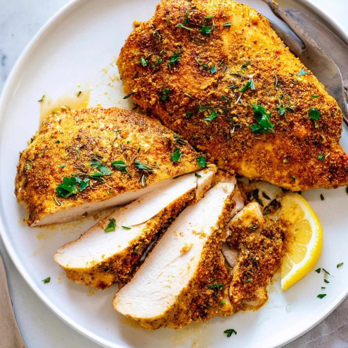 Golden oven baked chicken breasts with herb seasoning on a parchment-lined baking sheet