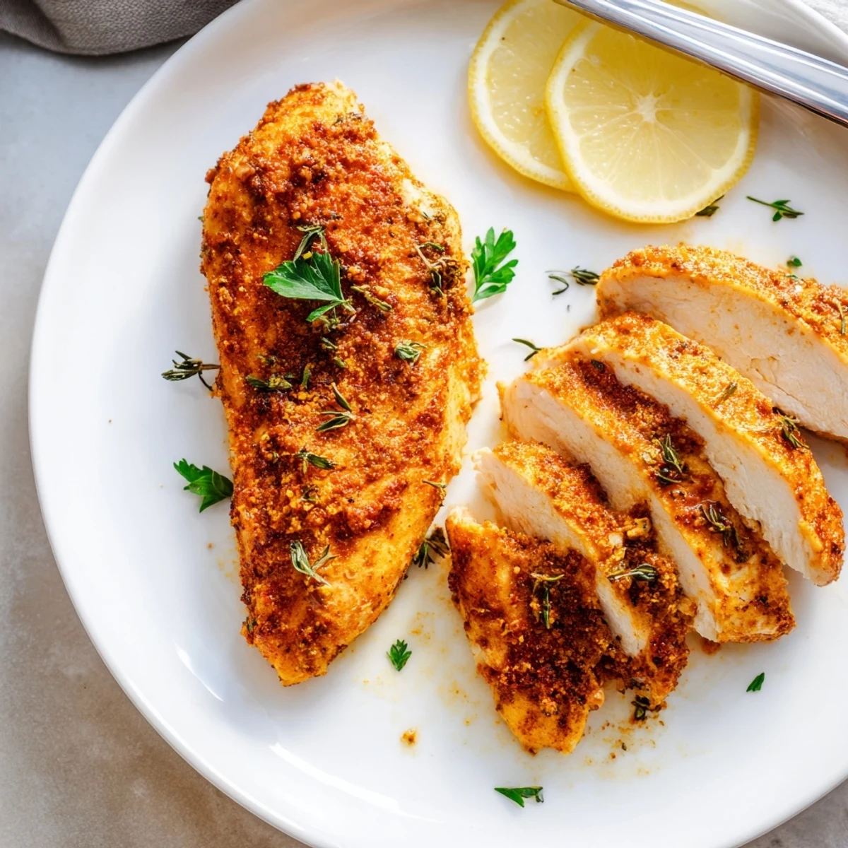 Perfectly cooked oven baked chicken breasts garnished with lemon wedges on a white plate