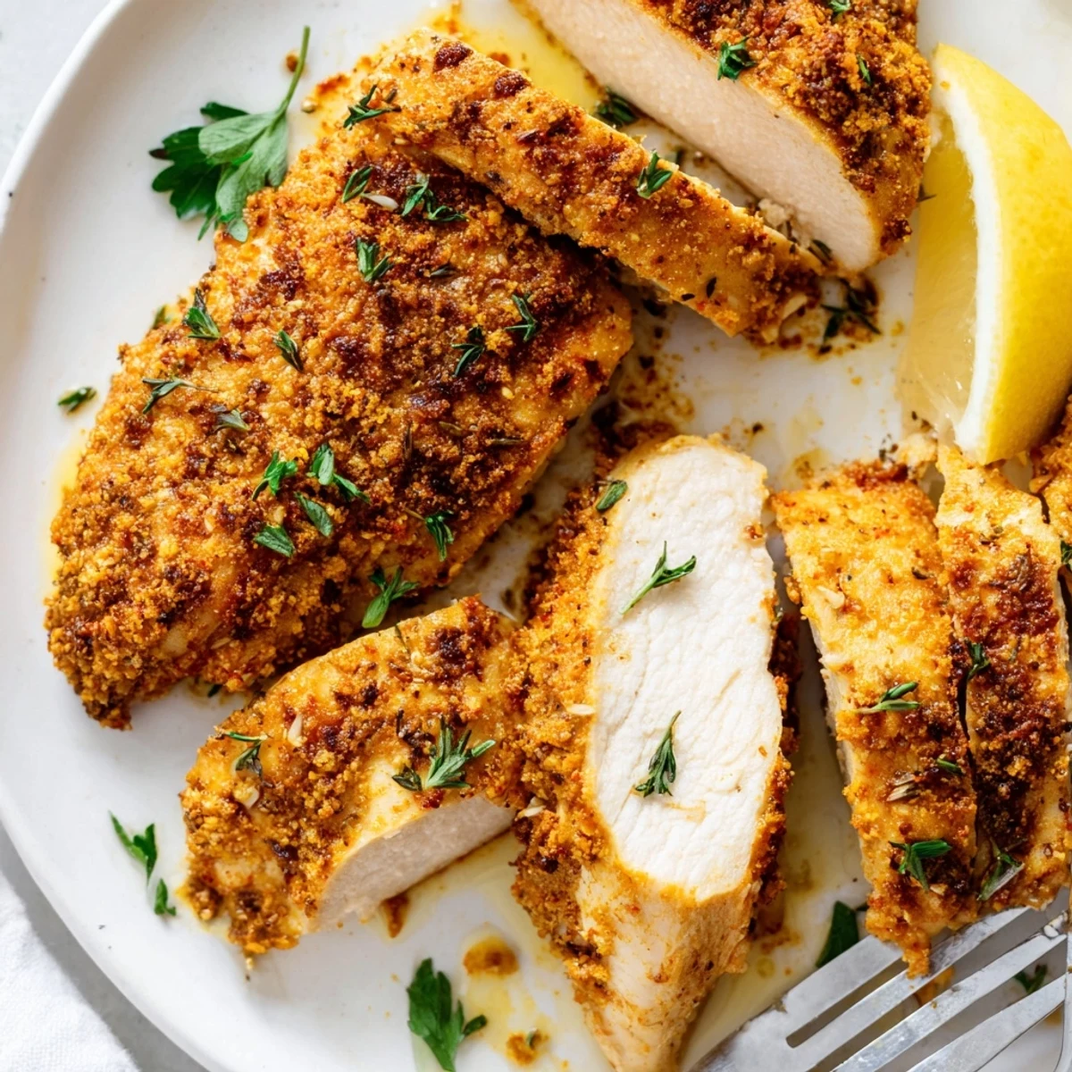 Juicy oven baked chicken breasts sliced open topped with fresh chopped parsley