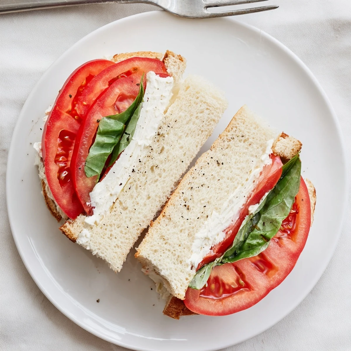 Classic tomato sandwich layered with ripe slices and creamy mayo on fresh bread