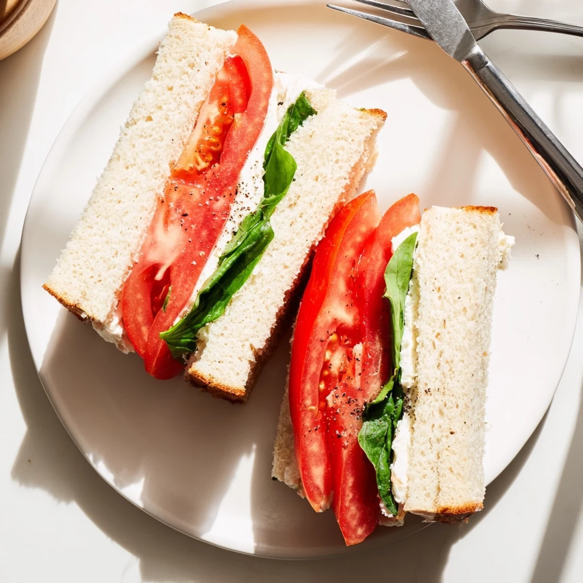 Sliced tomato sandwich on sourdough featuring fresh basil and a sprinkle of black pepper