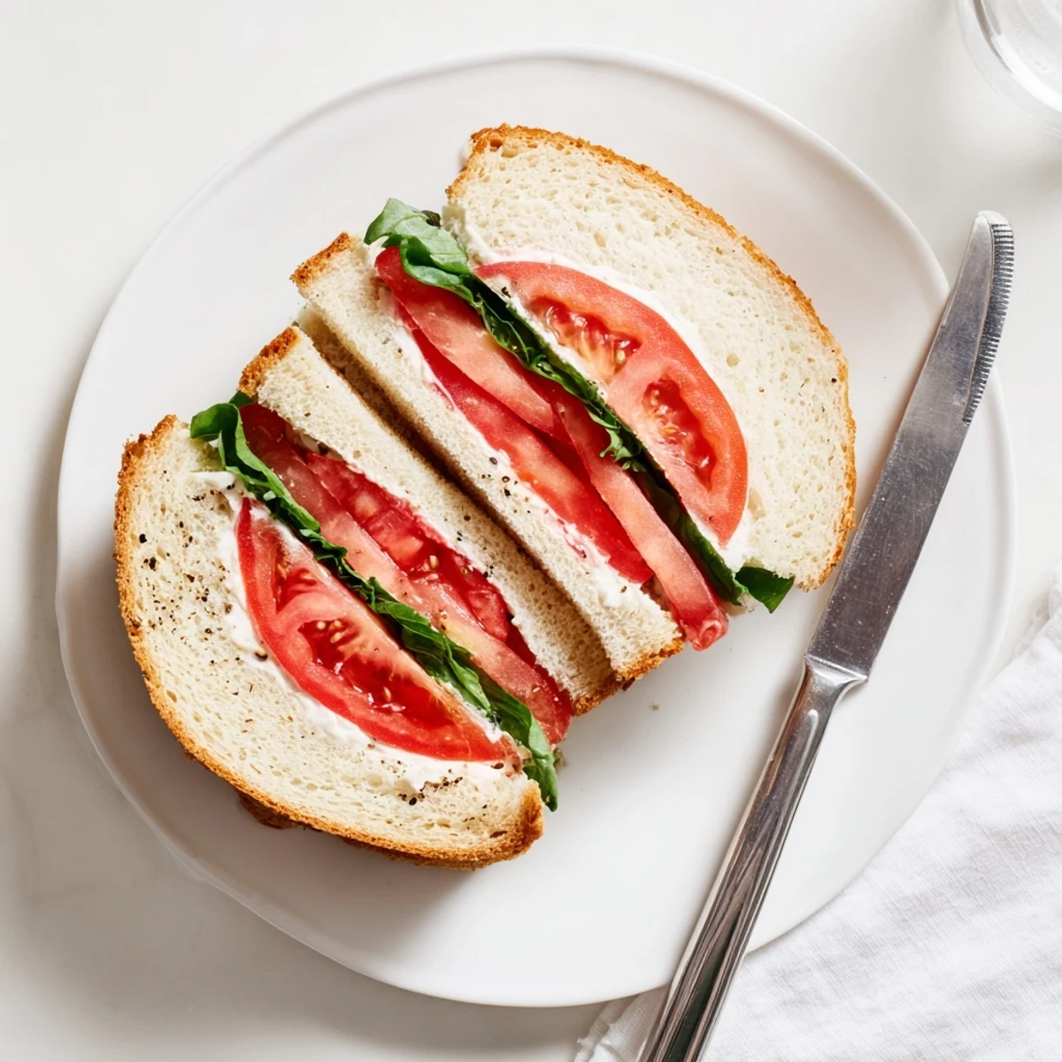 Simple vegetarian tomato sandwich with mayonnaise and ripe tomatoes on white bread