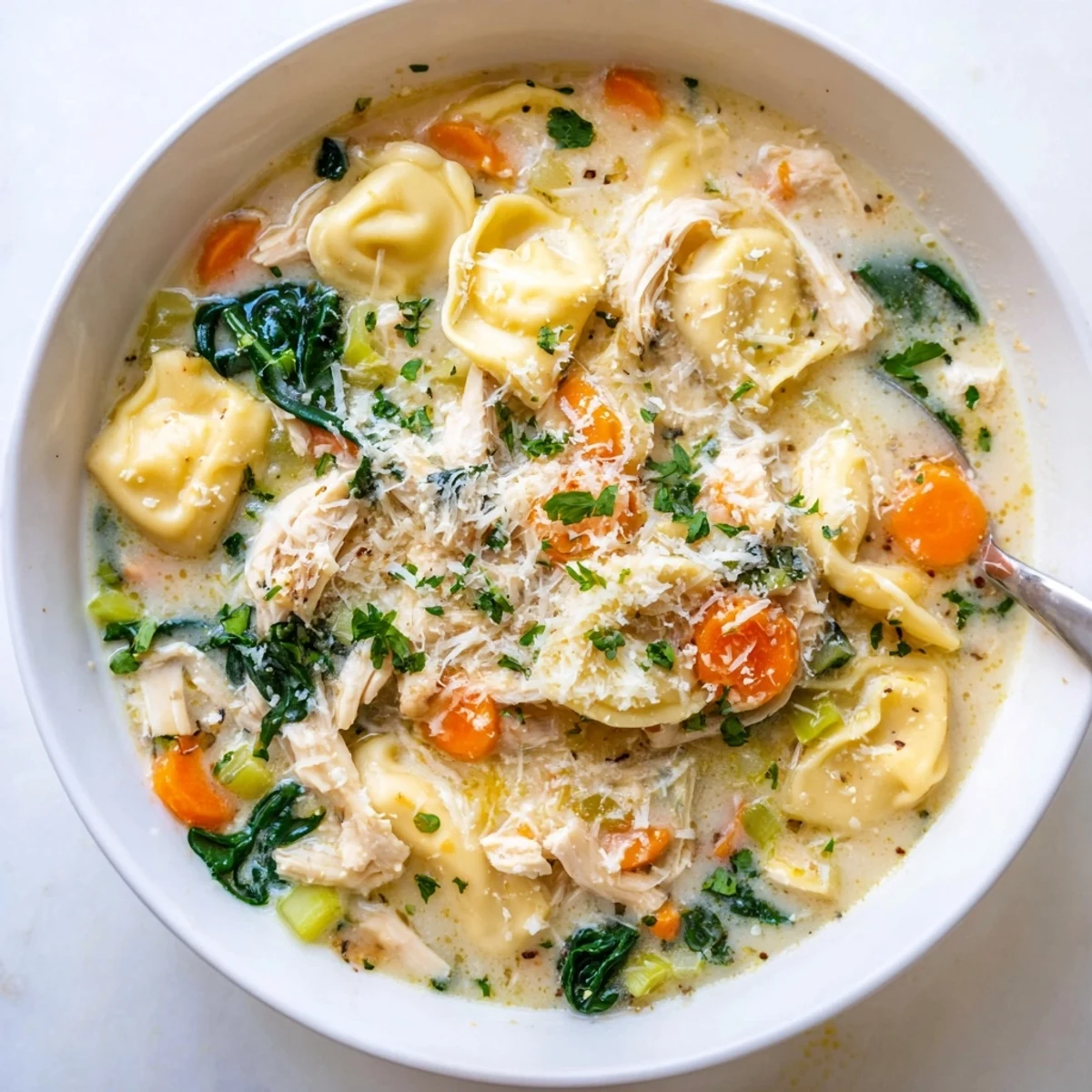 Creamy Crockpot Chicken Tortellini soup topped with Parmesan cheese and fresh parsley in a white bowl.