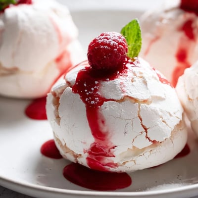 Pavlova Bombs With Raspberry Coulis