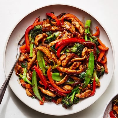 Glossy Hunan Chicken stir-fry tossed with crisp snow peas and tender sliced carrots