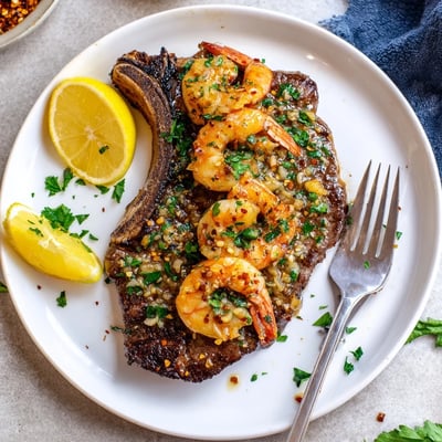 Perfectly cooked steak topped with tender garlic butter shrimp and fresh parsley