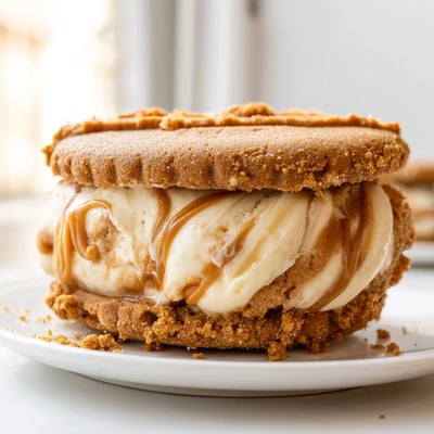 Golden Biscoff Ice Cream Sandwiches oozing with caramel-swirled filling on a summer tray