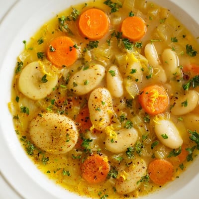 Golden carrot slices and creamy butter beans float in a rich, savory vegetable broth