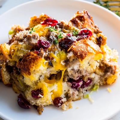 Steaming spoonful of Cranberry Sausage Stuffing Breakfast Casserole revealing tart cranberries and savory crumbles