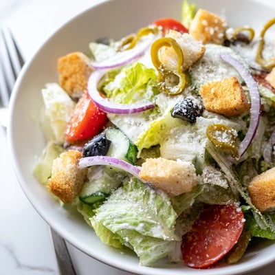 Fresh Olive Garden Salad with vibrant tomatoes, olives, and pepperoncini peppers