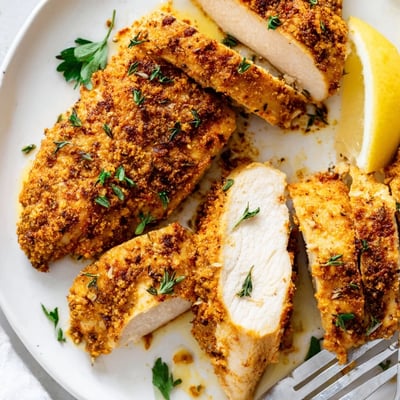 Juicy oven baked chicken breasts sliced open topped with fresh chopped parsley