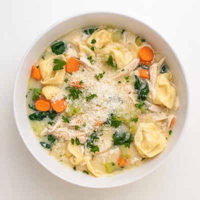 Bubbling slow cooker Chicken Tortellini soup with tender spinach and cheese pasta in a rich broth.